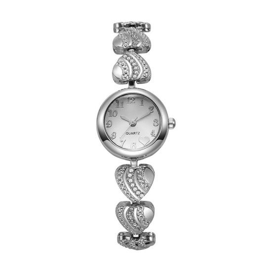 Women Heart Bracelet Watch Rhinestone Quartz Wristwatch Round Dial Elegant Watch for Party Casual Formal Wear серебряный