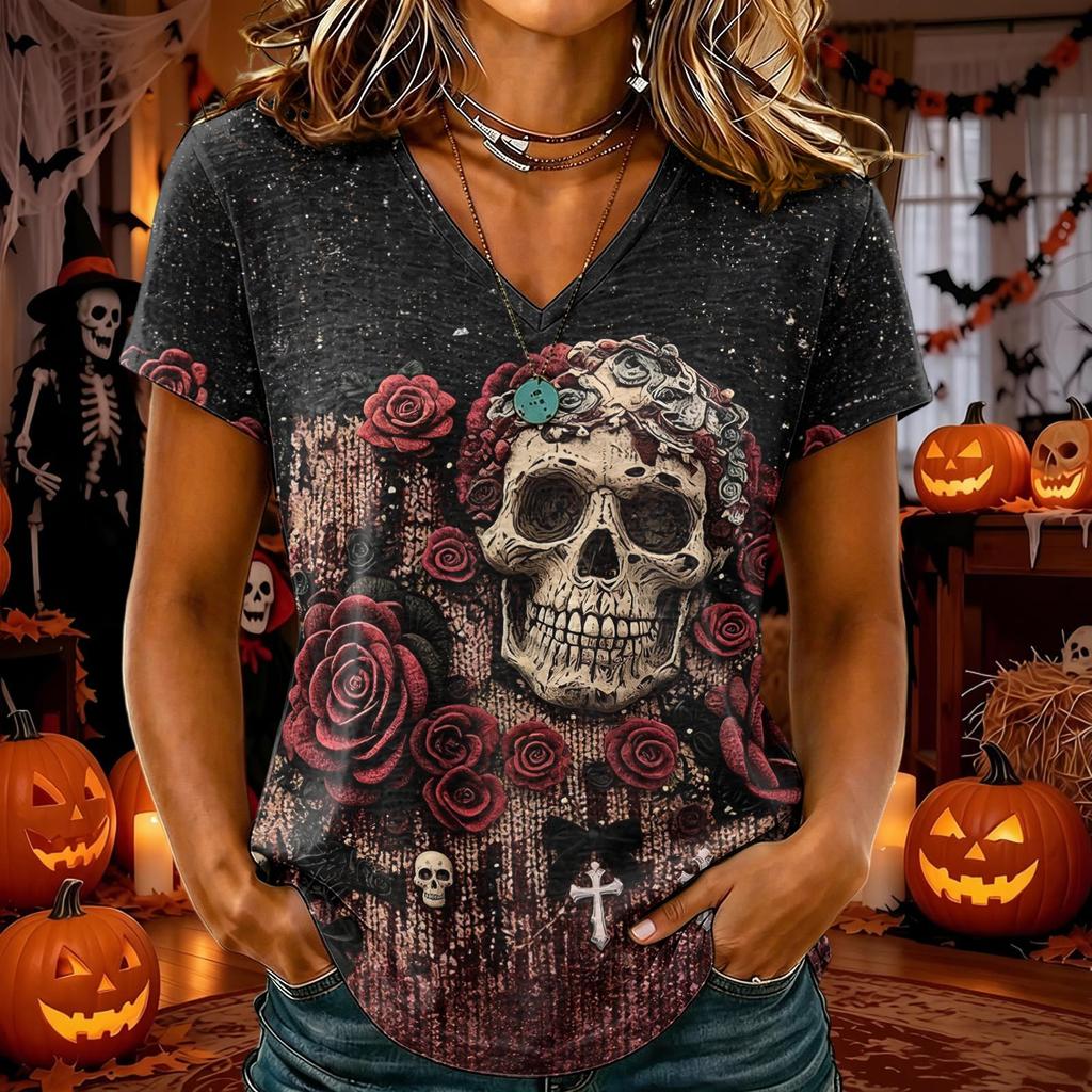 T-shirt d'Halloween pour femme à col en V et manches courtes, Haut décontracté élégant et confortable