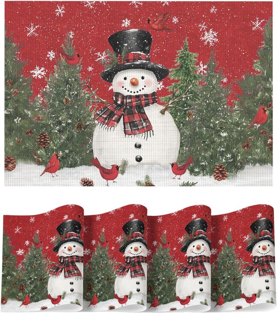 Snowman Trees Winter Floral Vinyl Placemats Set of 4, Wipeable Red Christmas PVC Woven Table Mats for Party Kitchen Dining Decor, 12x18 Inch
