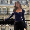 Dames Vierkante Hals Lange Mouwen Crop Top Slim Kantafwerking Strik Voorkant Gerimpeld Melk Huid Strak T-shirt