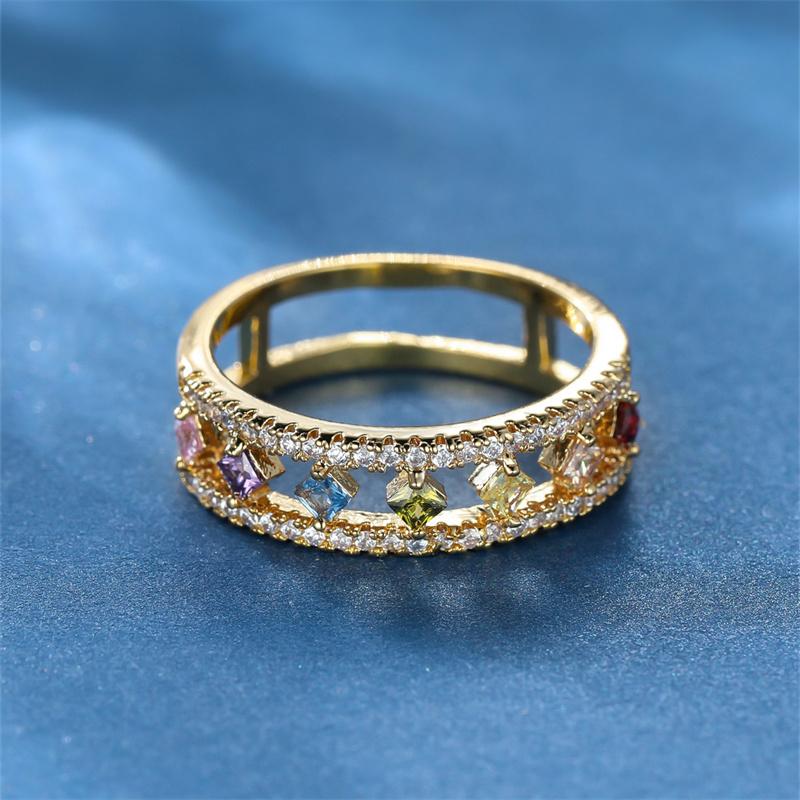Dainty Square Zircon Engagement Ring Vintage Female Rainbow Crystal Stone Ring Antique Gold Color Hollow Wedding Rings For Women