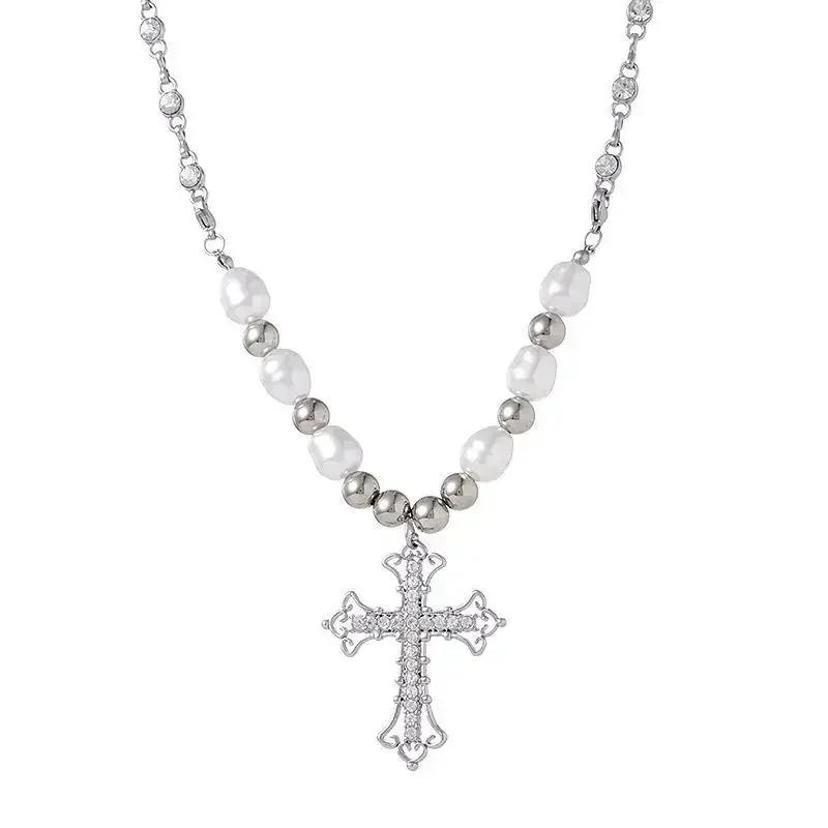 1 Pcs Women Fashion Bling Cross Pendant Necklaces Girl Vintage Minimalist Pearl Necklace Clavicle Chain Punk Choker Gifts