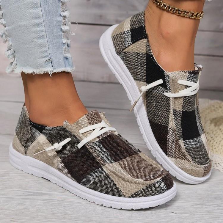 Women Plaid Canvas Shoes, Women Lace‑Up Casual Flats,Casual Single Shoes, Round Toe Large Size Daily Sneakers