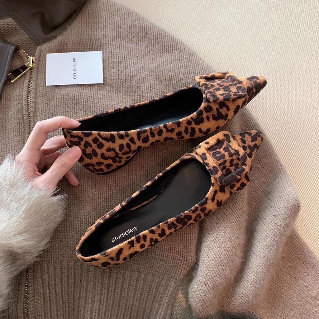 Sheepskin Version~ Temperament Pointed Commuting Square Buckle Versatile Suede Light Mouth Leopard Print Single Shoes Women