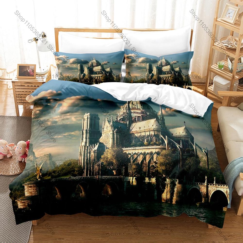 Cool Magic Fantasy Medieval Castle Ancient Tower Building HD Print Bedding Set Duvet Cover + 2 Pillowcases Fantasy Game Room Dec