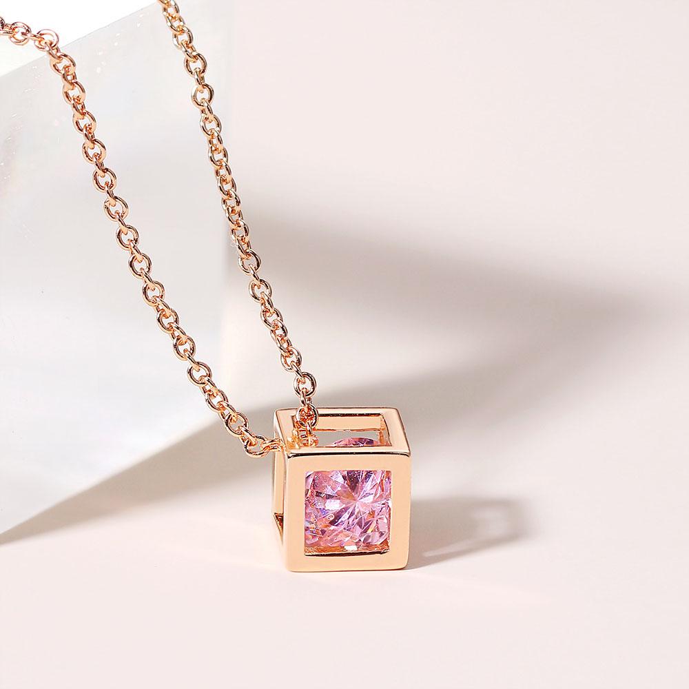 Hollow Out Cube Crystal Pendant Necklace For Women Kpop Colorful Zirconia Rose Gold Choker Chain On The Neck Jewelry N425
