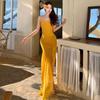 Strandkleid für Reise am Meer Netz-Schlitz Gabel Brustwickel Urlaubs-Trägerkleid Geburtstags-Kleid Hüftwickel Langes Kleid Damen