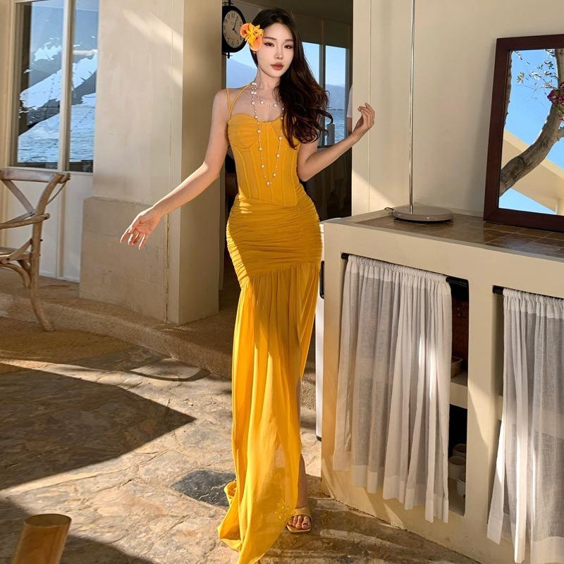 Seaside Travel Beach Dress Mesh Split Fork Chest Wrap Holiday Suspender Dress Birthday Dress Hip Wrap Long Dress Women