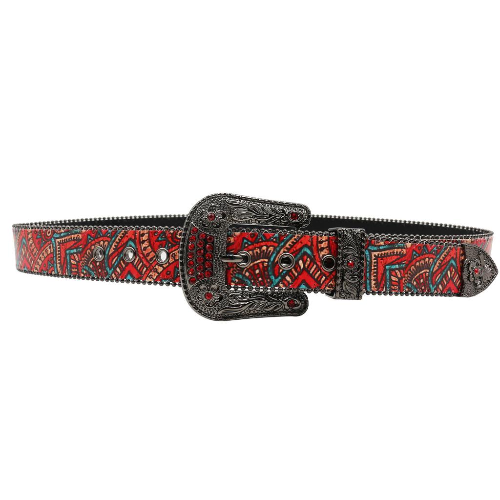 European And American Hip Hop Red Pattern Rhinestone Printing Belt, Original Punk Trend Pu Leather Belt