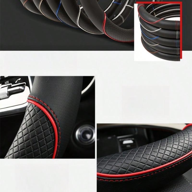 1pc 38cm Universal Car Steering Wheel Cover, Automotive Leather Diamond Quilted Color Block Design Interior Decor
