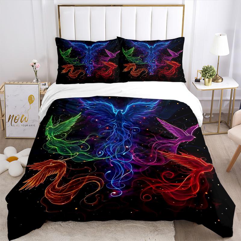 3pcs Multicolored Phoenix Bedding Set, Including 1 Quilt Cover and 2 Pillow Shams, Without Filling, Soft and Comfortable Home Bedroom Fabric, Fas