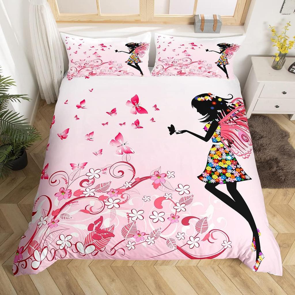 Fairy Girl with Wings Bedding Set Garden Fantasy Floral Duvet Cover Flying Butterfly Comforter Cover Colorful Flower Quilt Cover