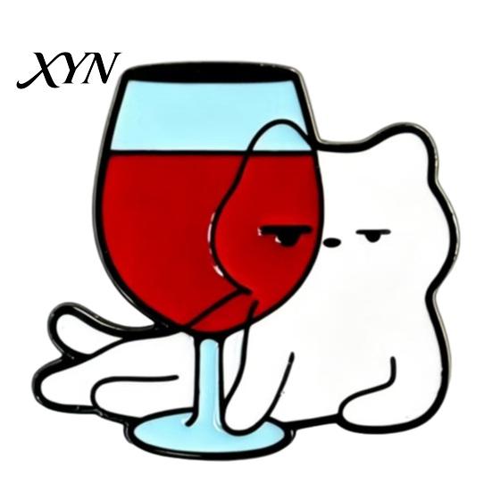 Denim Jacket Accessory Outfit Brooch for Men & Women, Cartoon Kitten Drinking Scratch-resistant Pin Wine Enamel Pin, Decorative Jackets Bags