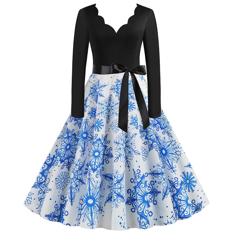 E-Commerce Hepburn Retro Christmas Print V-Neck Splicing Long-Sleeved Pendulum Dress