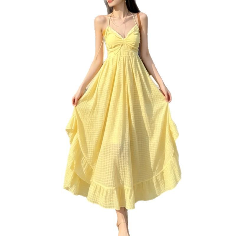 2026 Summer Beautiful Seaside Vacation Suspender Dress Neck Collar Yellow Loose Lazy Style Dress Tide