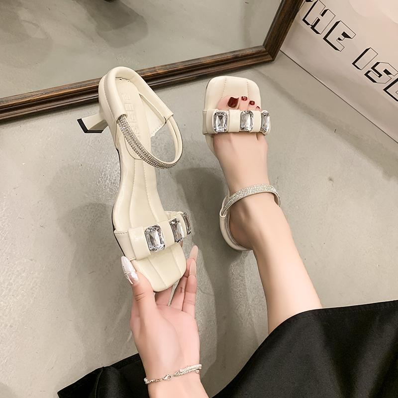 New Style Slippers Summer Square Head Shallow Mouth Crystal Metal Buckle Transparent Strap Non-slip High-heeled Sandals