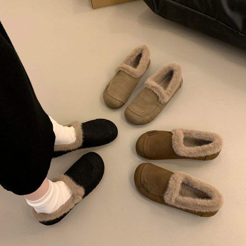 Winter new lamb wool velvet beanie shoes women's beef tendon soft sole soft surface one pedal warm women's snow cotton shoes