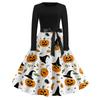 Women's Casual Halloween Print Dress Long Sleeve Round Neck Vintage Style Midi Dress with Waist Tie for Seasonal Festive Wear