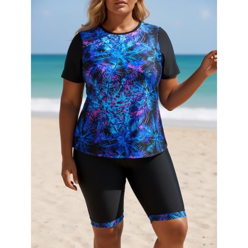 Women S Plus Size Split Swimsuit Printed Blue Coconut Tree Sleeveless Swimwear