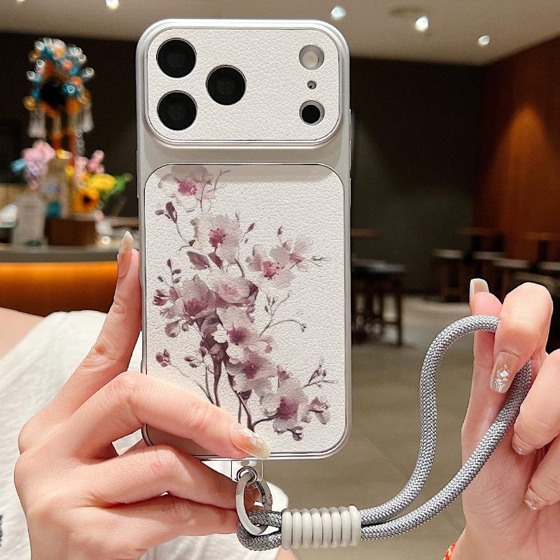 Cartoon Daisies Flower Pattern Leather Lanyard Case For iPhone 18 Pro Max Hybrid TPU+PU Anti-skid Soft Cover For iPhone 17 16 15 14 13 Pro Max