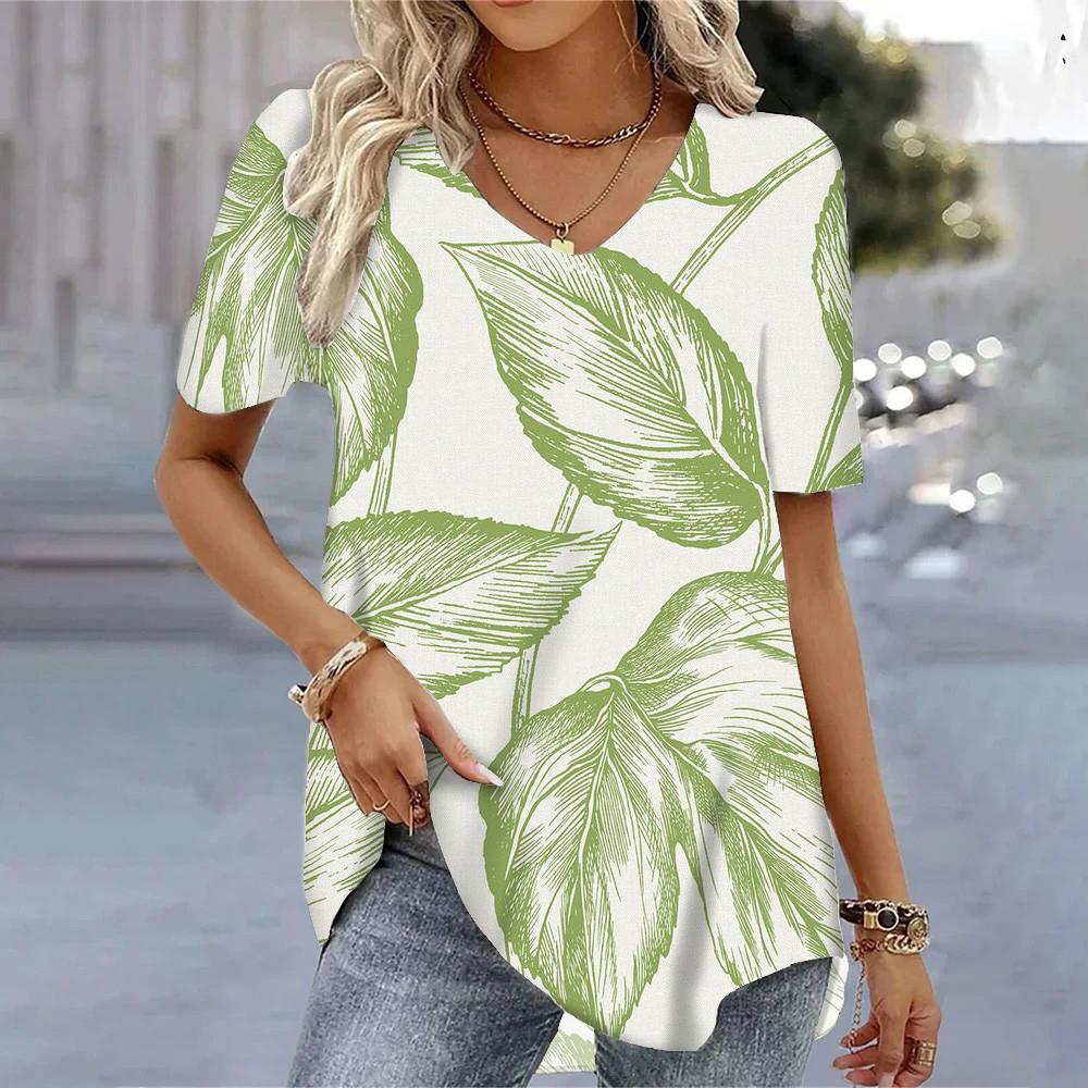 Women's T-shirt 3D Floral Pattern Printing Casual Short-sleeved V-neck Loose Top