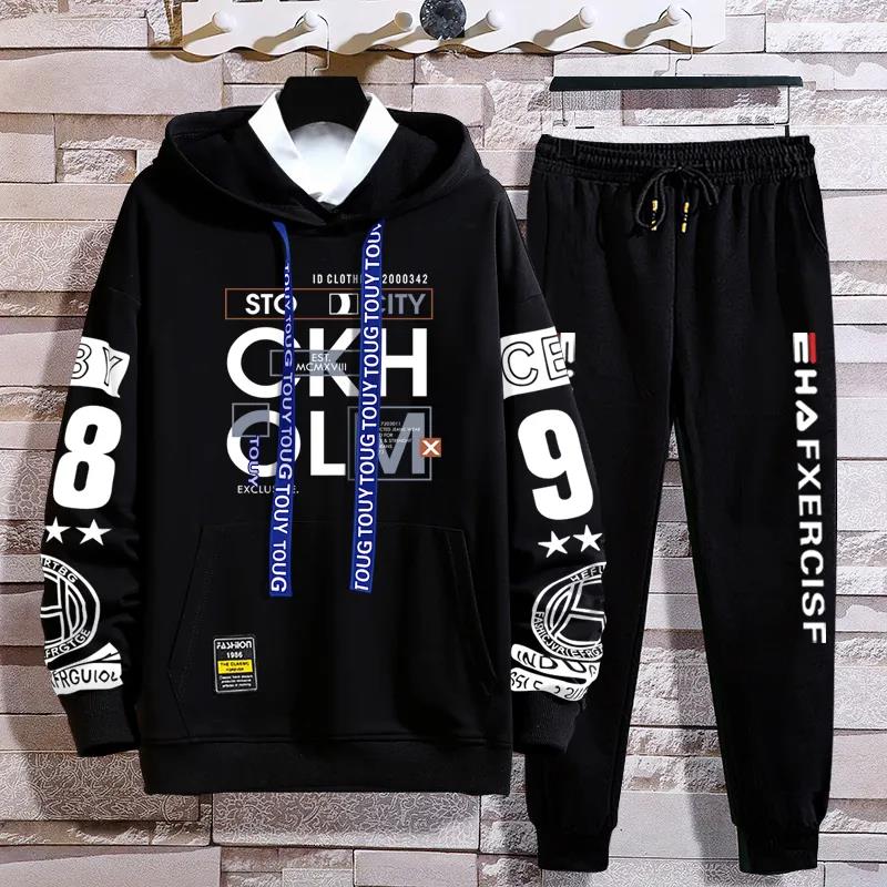 

Весенне-осенний трендовый пуловерный костюм, свитер с капюшоном и повседневные брюки, кампусная одежда, мужской спортивный костюм M чёрный