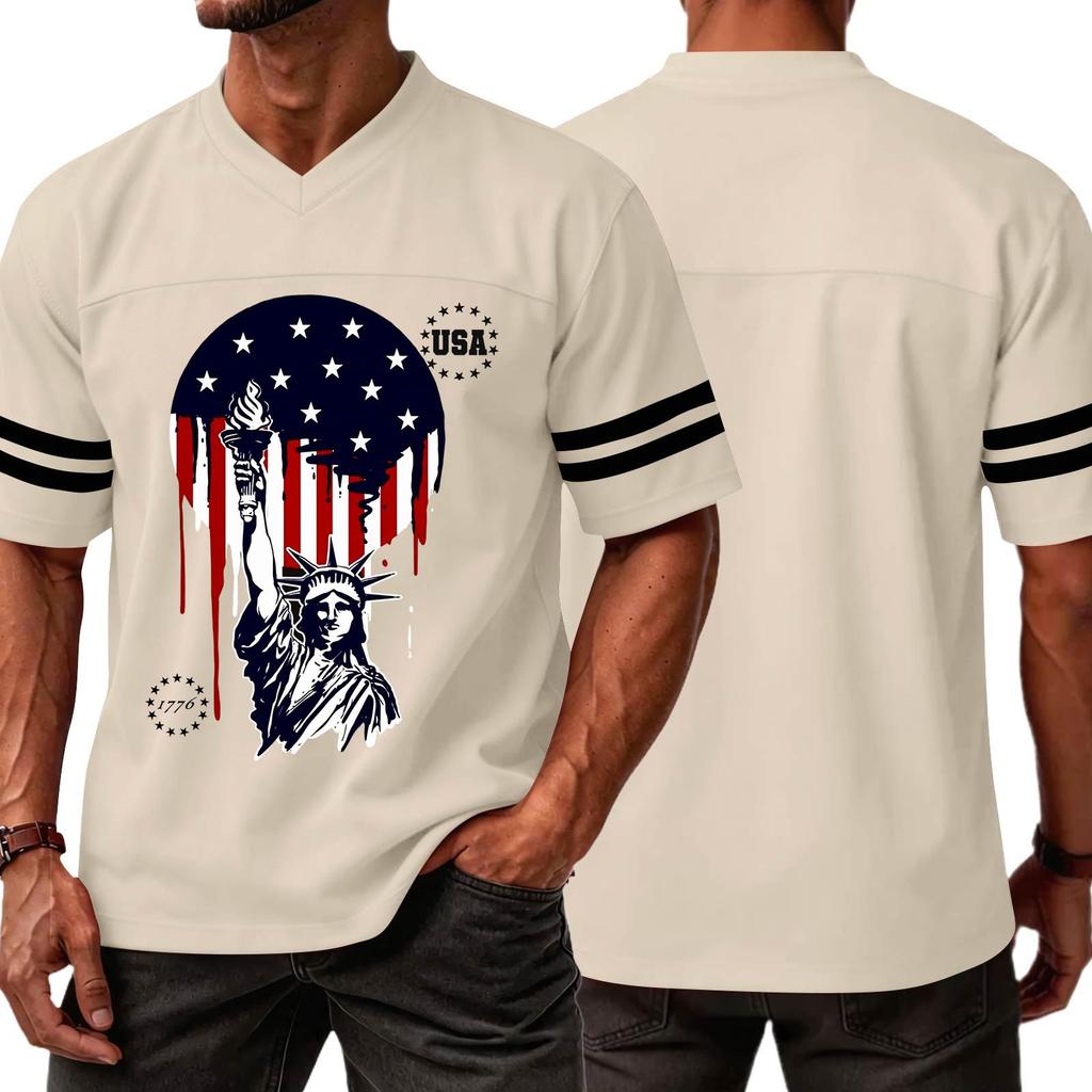 Men's Casual V Neck Short Sleeve Sports T Shirt Independence Day Printed Graphic Tee USA Lettering Athletic Top