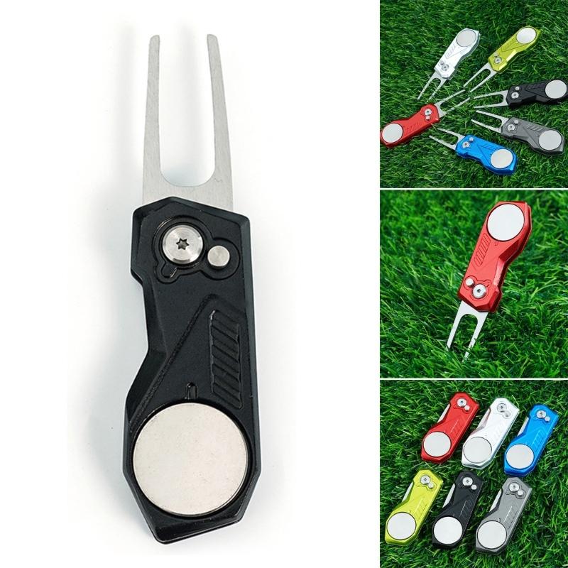Golf Divot Repair Tool with Popup Button Mini Golf Divot Tools Foldable Golf Green Fork Golf Magnetic Marker Pitch Mark
