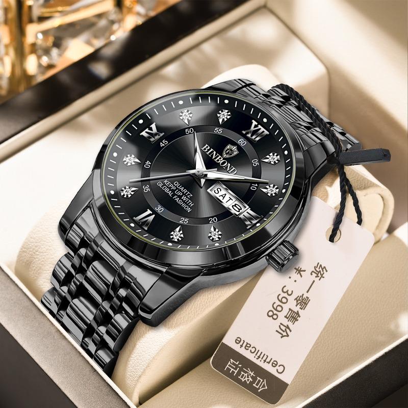 Binbang Quartz Movement Waterproof Luminous Business Fashion Double Calendar Diamond Steel Belt Butterfly Buckle Men's Watch