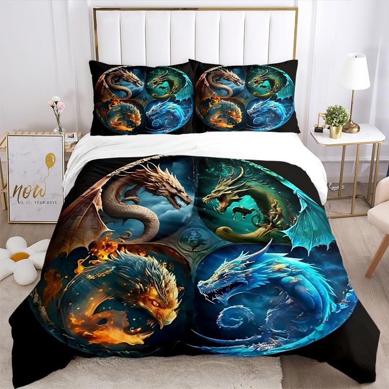 3pcs Composition of Fire Water Earth and Air Dragons Printed Quilt Set - Soft and Comfortable Quilt Cover for Bedroom, Guest Room and Dormitory