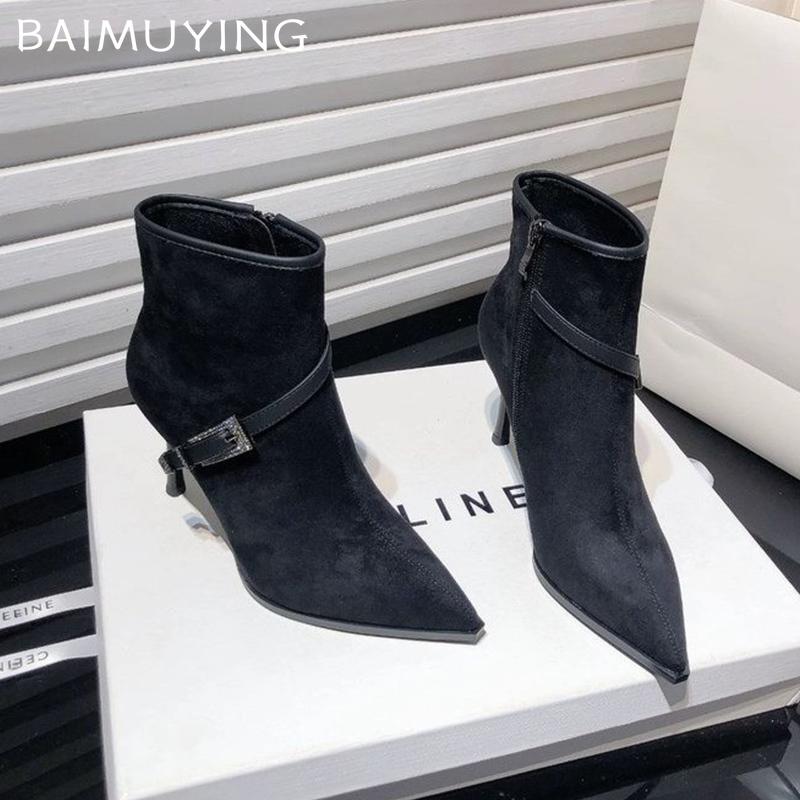 High Heels Women Ankle Boots Sexy Suede Pointed Toe Crystal Buckle Shoes 2025 Trend Designer Pumps Goth Winter Botas De Mujer
