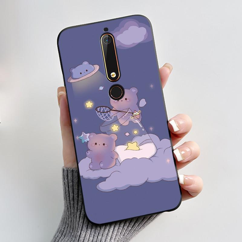 Custodia Per Nokia 6.1 6.1 Plus Custodia Antiurto Estetica Moda Cartone Animato Gatto Carino Nera Gomma Silicone Morbida Cover Bumper Alloggiamento