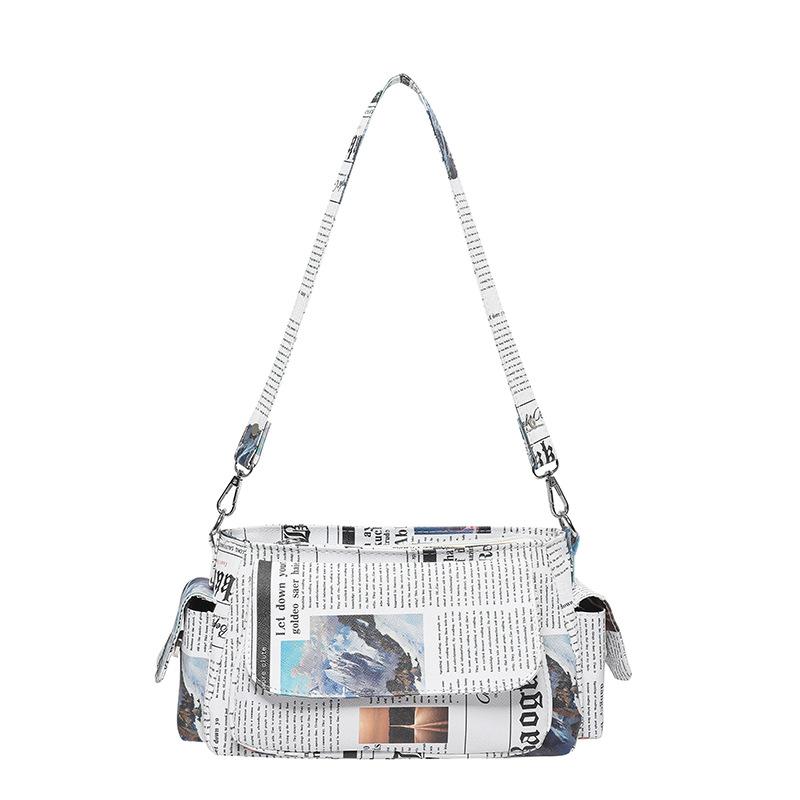 Personalized newspaper bag summer 2025 new Korean version fashion printing trend ins women's shoulder armpit bag pu