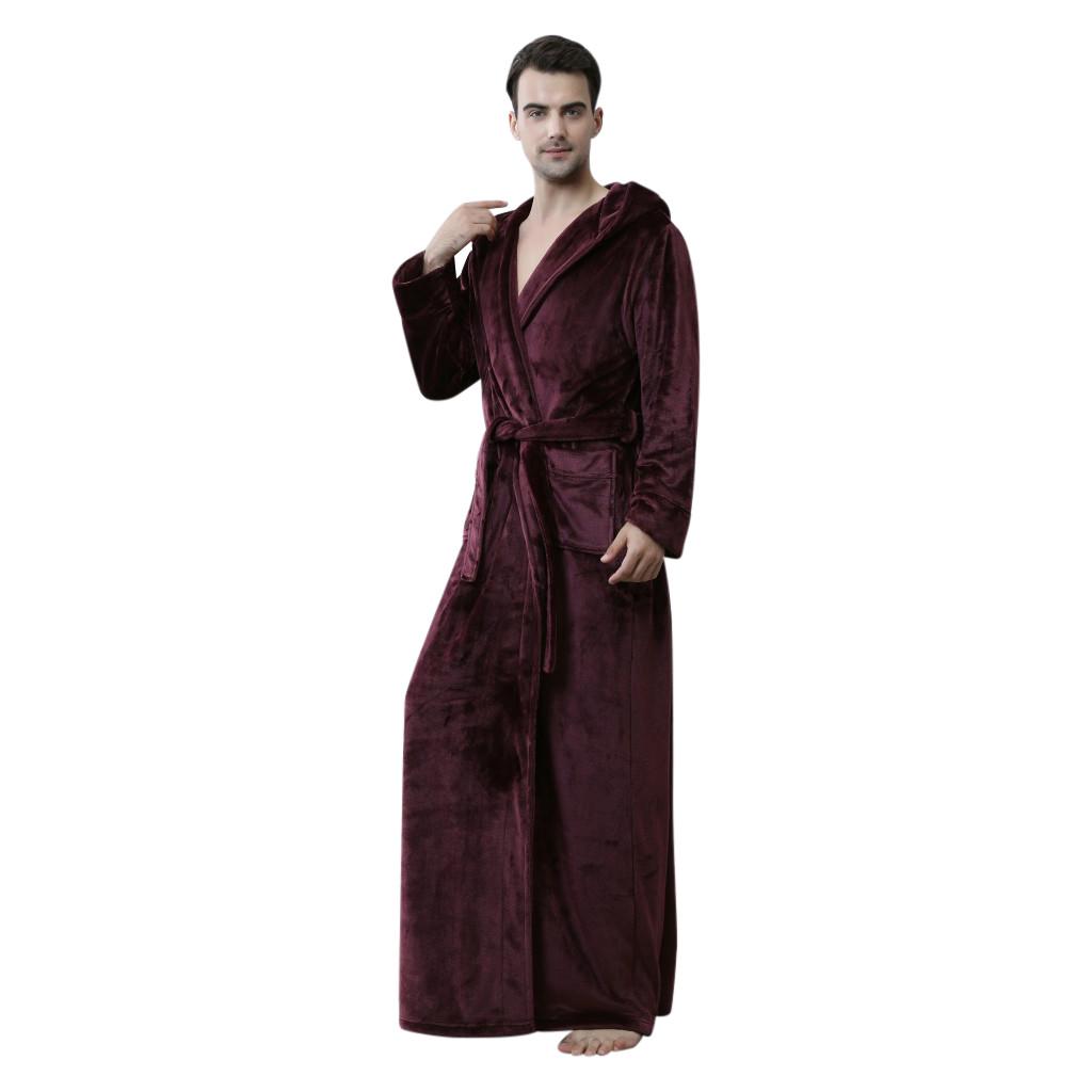 Mens Hooded Thicken Coral Fleece Robe Bathrobe Gown Pajamas Sleepwear Pocket