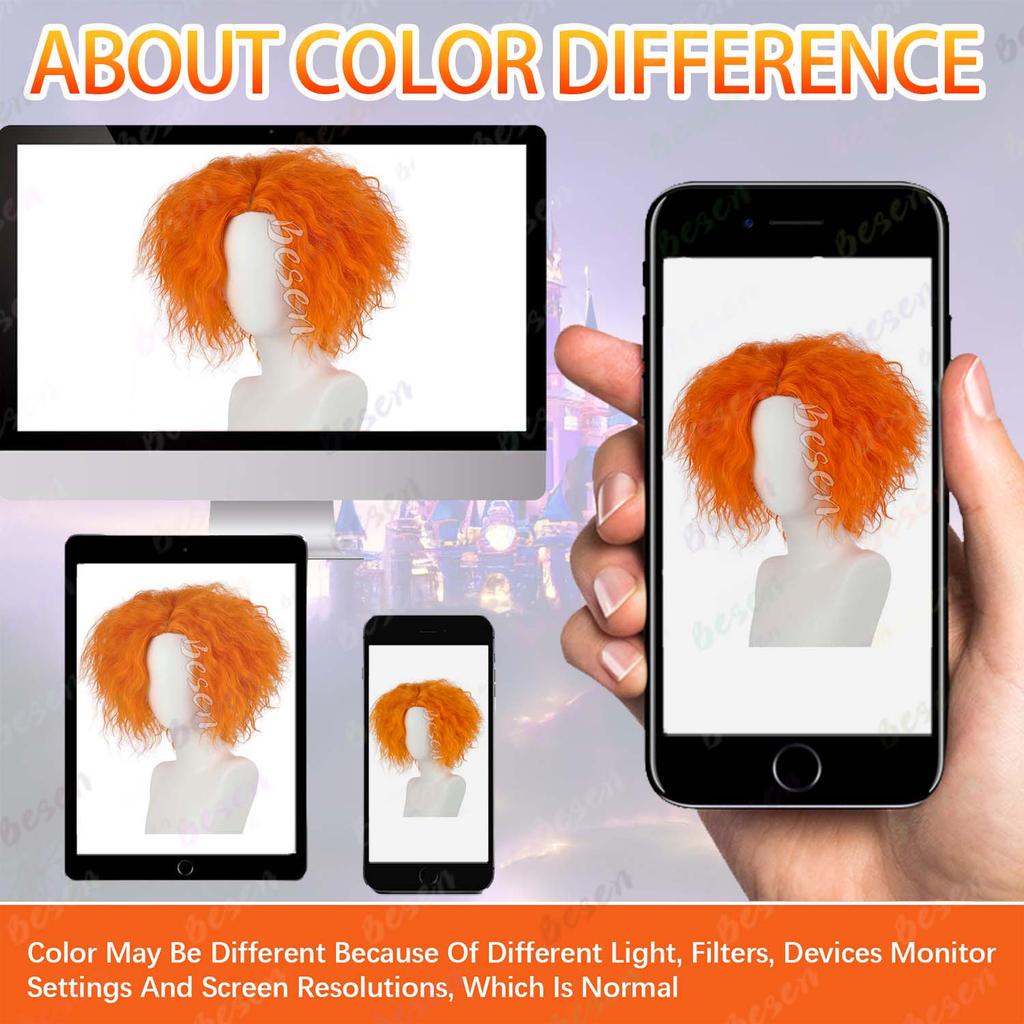 Perucă sintetică scurtă portocalie creț pentru Cosplay Halloween Anime Peruci amuzante Unisex Perucă Cosplay dezordonată Joc de rol Perucă Pălărier Nebun
