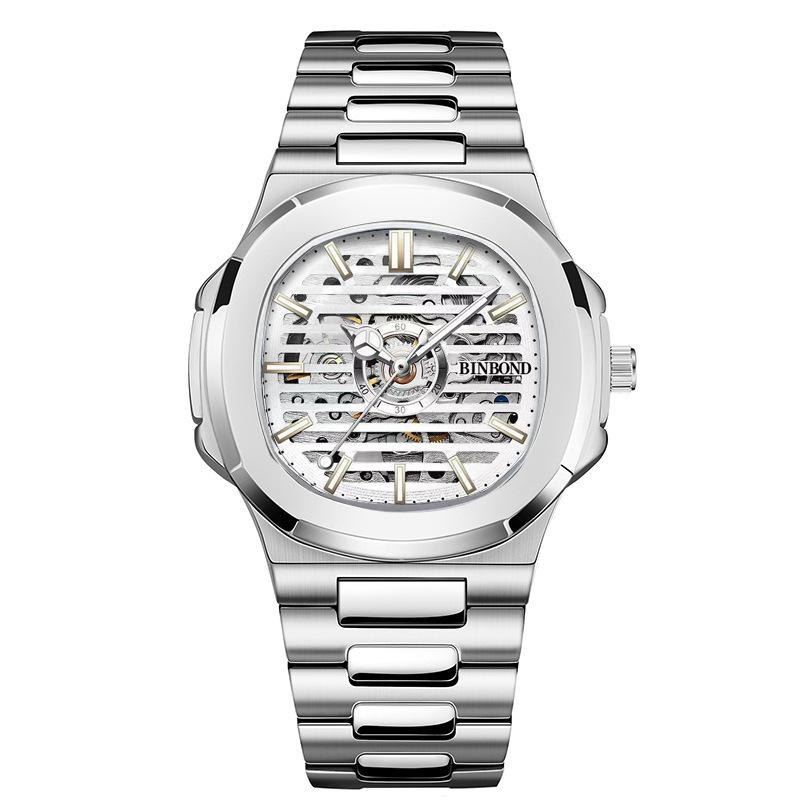 

Розкішний діловий чорний технологічний годинник найкращого бренду. Чоловічий годинник з нержавіючої сталі, порожнистий, автоматичний, водонепроникний. срібний