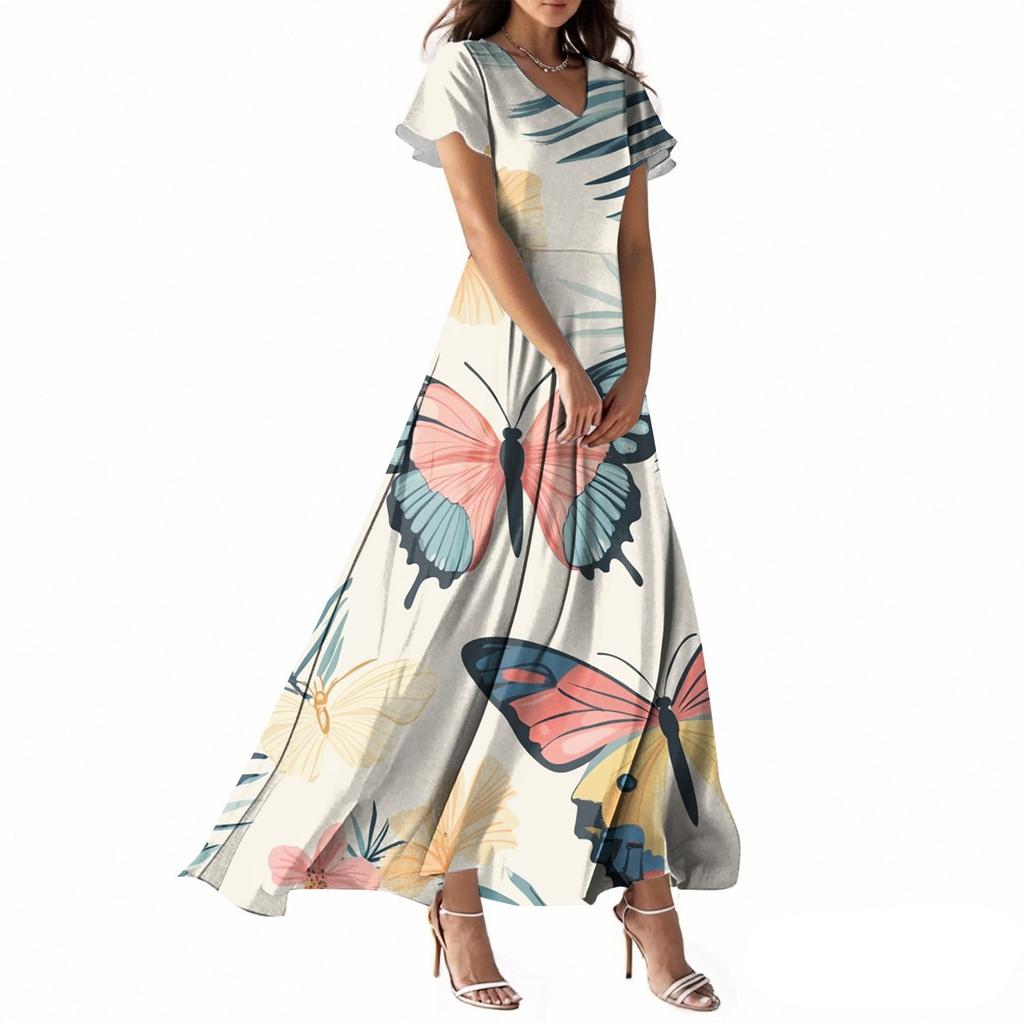 Women's Summer Casual Fashion Butterfly Print Dress V Neck Short Sleeve Dress