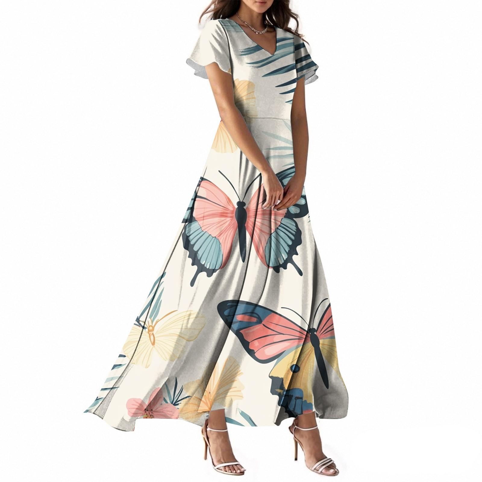 

Женское летнее повседневное модное платье с принтом бабочек, V-образным вырезом, коротким рукавом XXL белый