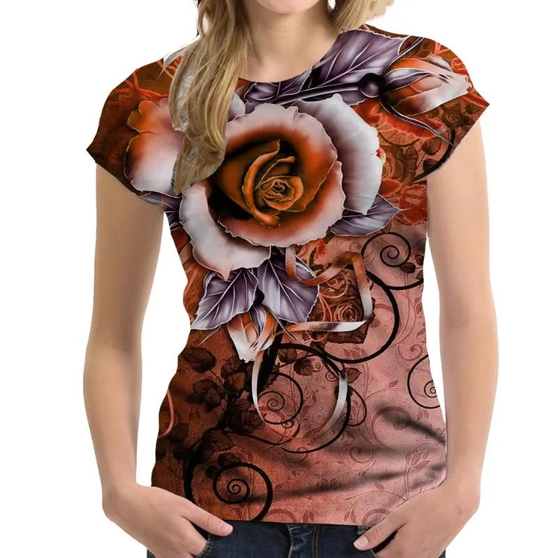 Nuova T-shirt da Donna a Maniche Corte con Stampa 3D Rose Graphix Estiva Casual Y2k Harajuku Girocollo Abbigliamento