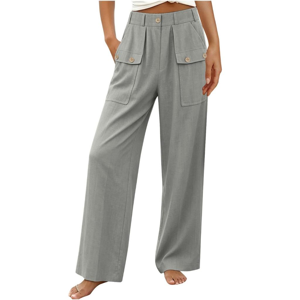 New Women's Casual Summer Cotton Linen Trousers Solid Color Button High Waist Straight Wide Leg Pants