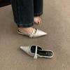 2025 spring and autumn new thick heel bag head half slippers outer wear women's shoes one pedal pointed Mary Jane silver shoes