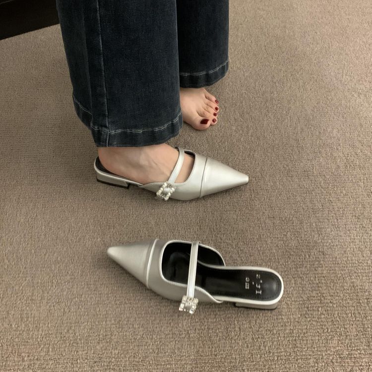 2025 spring and autumn new thick heel bag head half slippers outer wear women's shoes one pedal pointed Mary Jane silver shoes