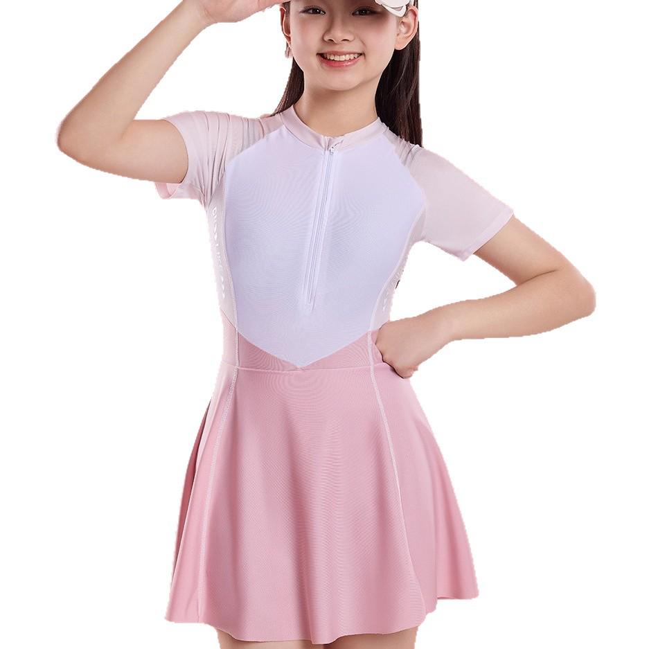 2023 Sporty One-Piece Skirted Swimsuit for Girls - Short-Sleeved, Plus Size, Hot Spring Swimwear for Kids