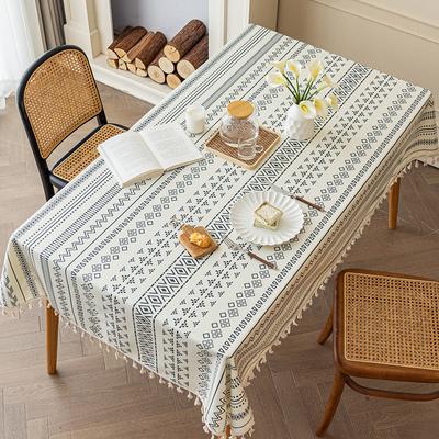Față de masă dreptunghiulară din bumbac in, cu ciucuri boho, față de masă fermă, fără riduri, husă de masă pentru interior exterior pentru petrecere, picnic, bucătărie, sufragerie
