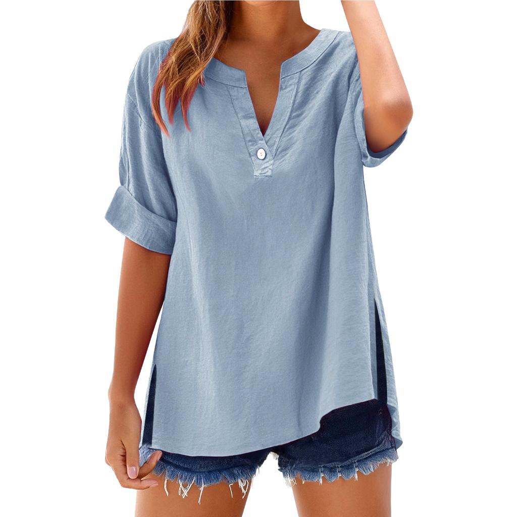 Women's Summer Tops Fashion Button Large Size Cotton and Linen Shirts