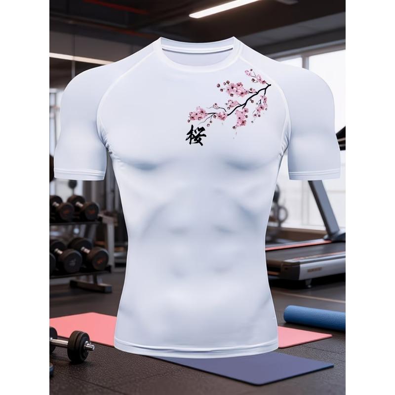 Mens Navy Blue Compression Short Sleeve T-Shirt Cherry Blossom Graphic Slim Fit Gym And Running Athletic Training Top