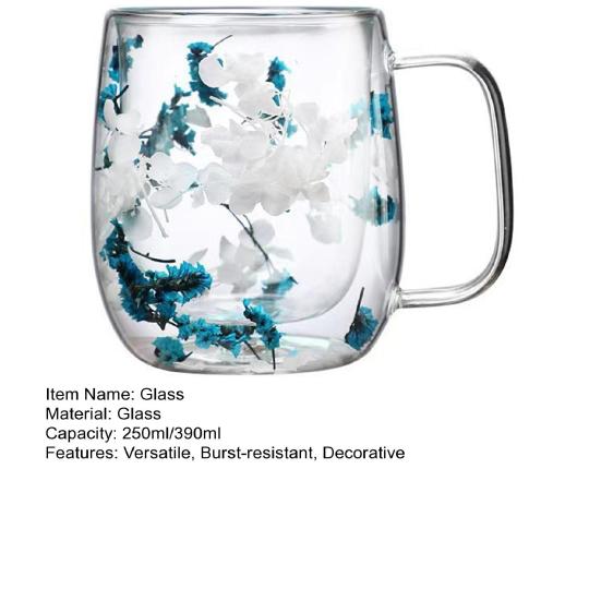 Yousheng Double Wall Glass Cup with Dried Flowers Insulated Espresso Coffee Mug Heat-Resistant Dual Layered Glass for Home Kitchen Party