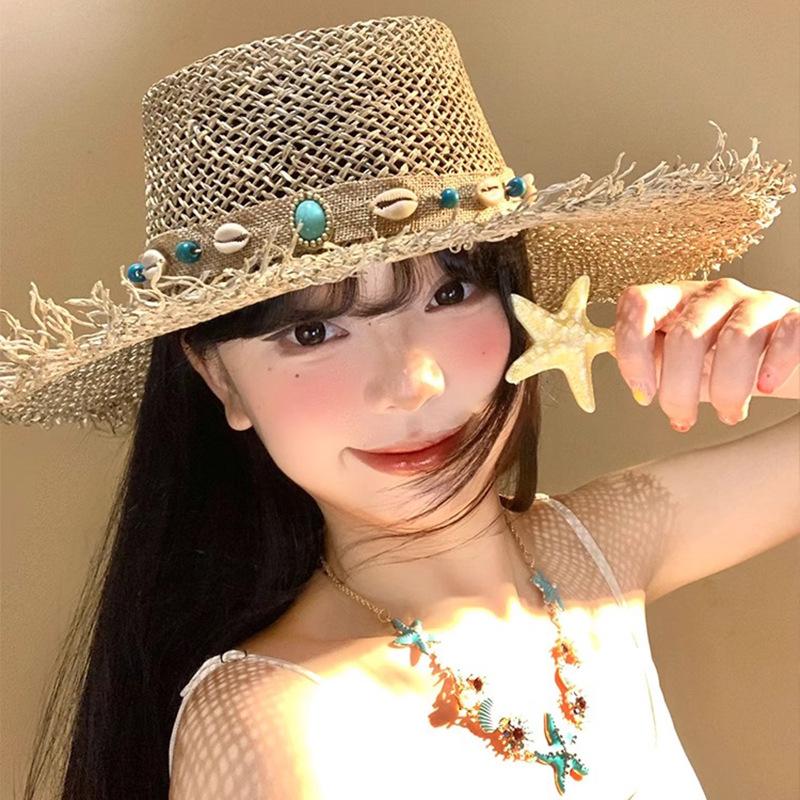 Salzgras Muschel Ethnischer Hut Sommer Strandurlaub Strohhut Atmungsaktiv Sonnenschutz Hohler Strohhut mit breiter Krempe