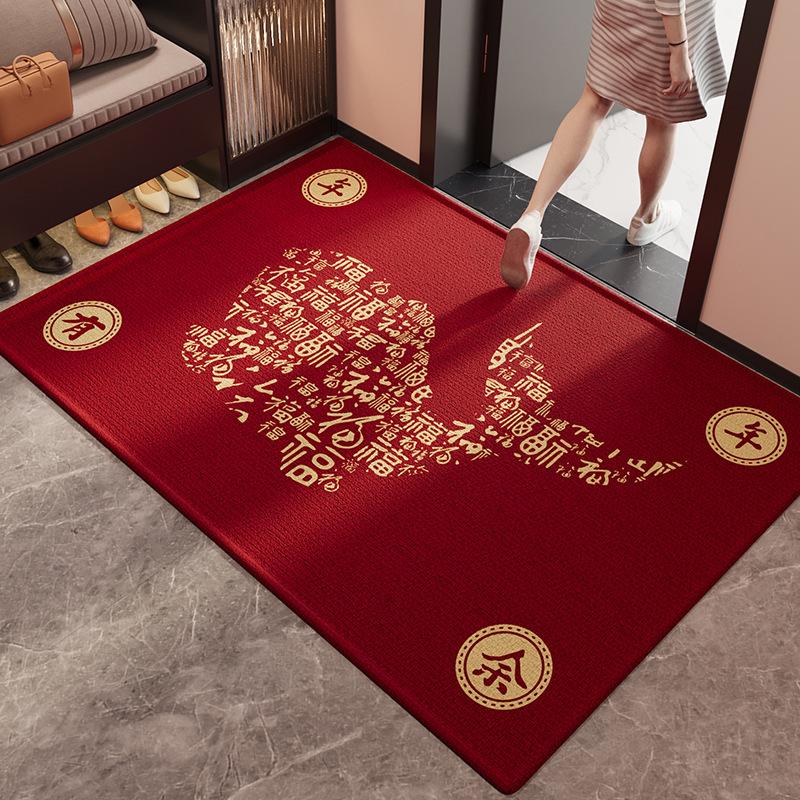 Festive Chinese Style Entrance Mat - Non-Slip, Dirt-Resistant, Mud-Scraping Crystal Velvet.