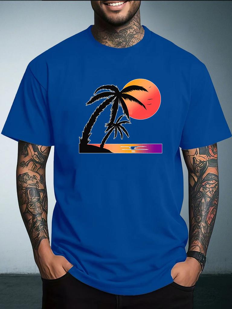 Unisex Summer White Short Sleeve Tee Gradient Sunset Coconut Palm Beach Silhouette Graphic Crew Neck Loose Casual Male Tops